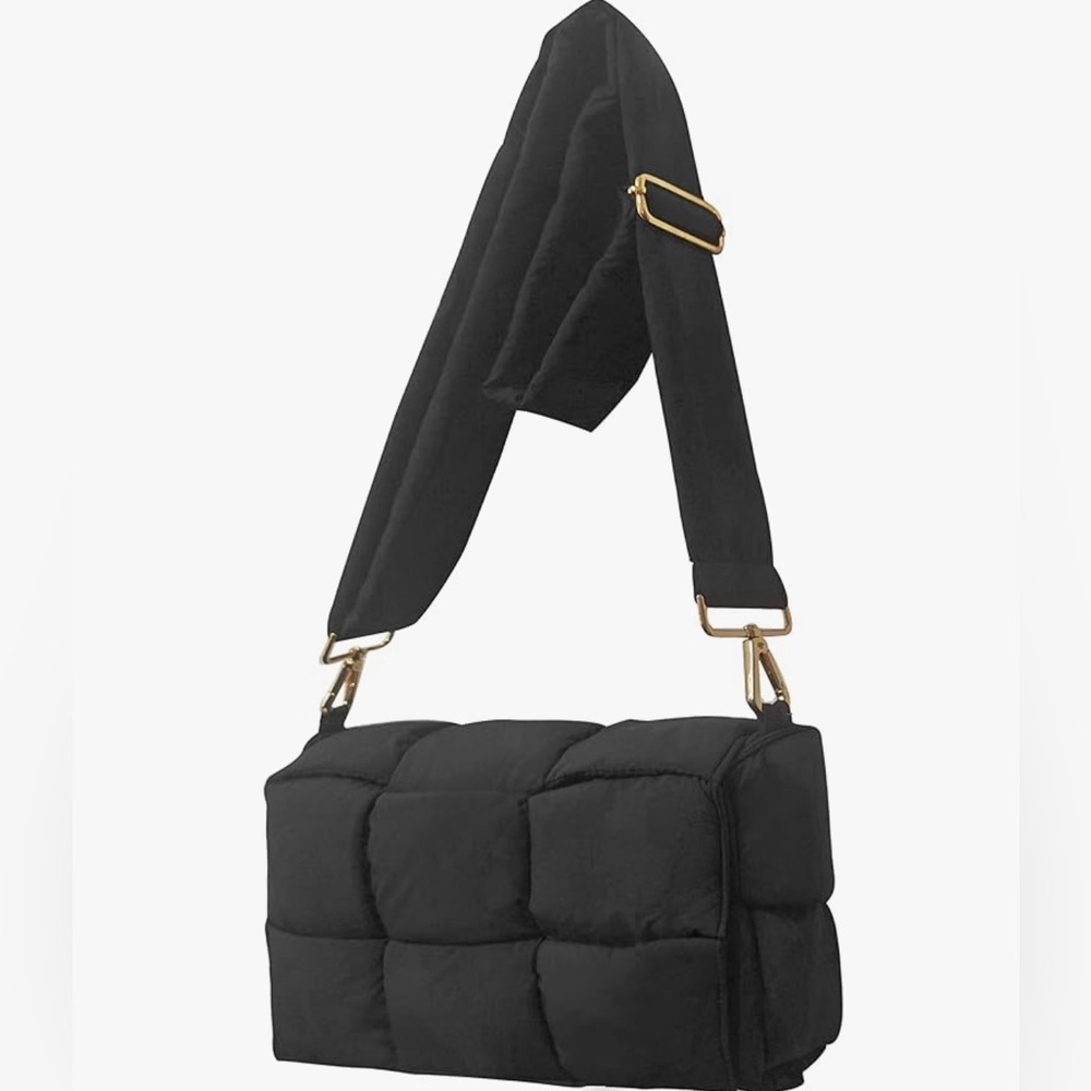 Black Puffer Nylon Quilted Shoulder Crossbody Bag Adjustable Strap Gorpcore Work